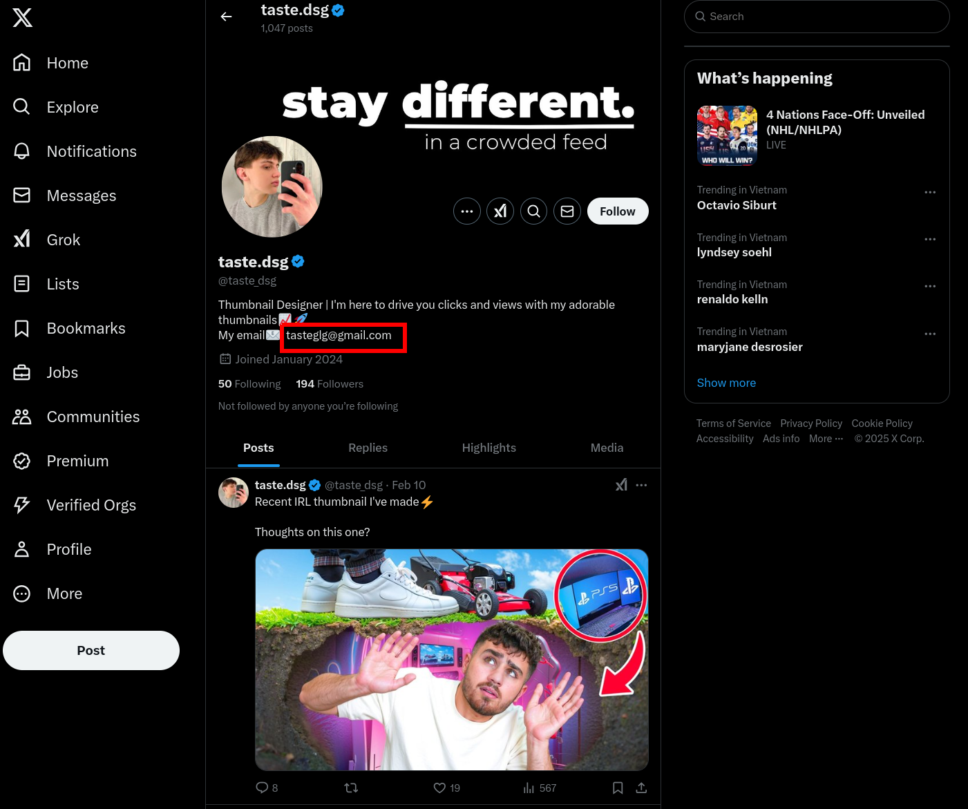 Twitter profile with contact information