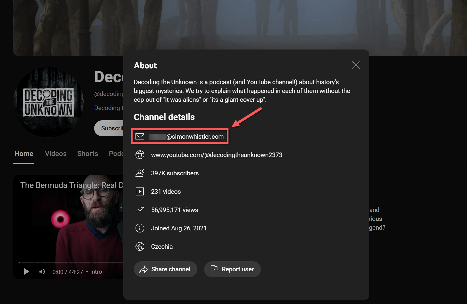 YouTube channel with contact information
